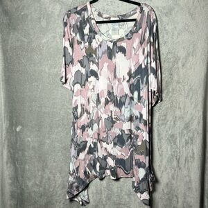 Logo Lori Goldstein 3X Shirt Top Gray Abstract Short Sleeve Scoop Neck Stretch